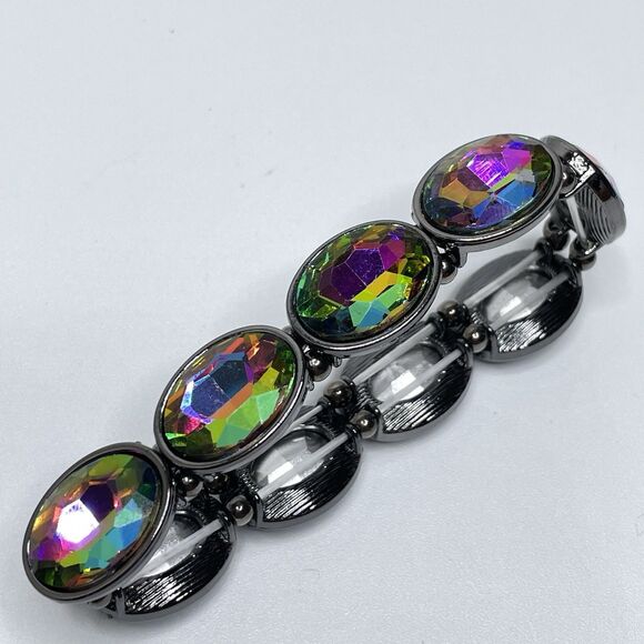 Gun Metal Black AB Glass Oval Cut Stretch Bracelet Gothic Statement 6.5" - Picture 4 of 6